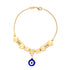 The Blue Evil Eye Charm Bracelet is crafted with 14k gold-filled materials, showcasing textured gold beads and cylindrical accents. It features a striking blue and white evil eye charm that elegantly hangs at the center of a smooth snake chain link.